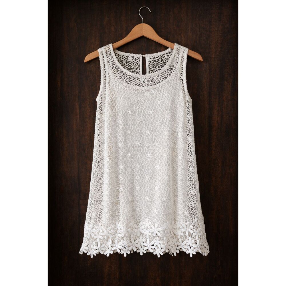 Marci White Crochet Lace Dress Sleeveless Boho Floral Hem Lined Short Dress